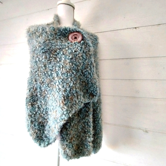 Simply Noelle Sweaters - Simply Noel Boho plush blue multi-way button scarf/cardigan wrap.  One size